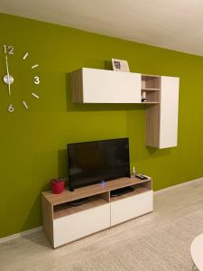 a living room with a television on a green wall at Flat in Fushë Kosova in Kosovo Polje +7 photos