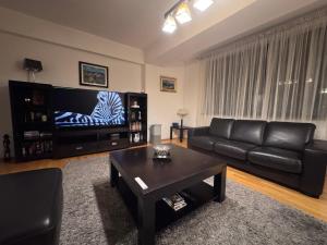 a living room with a black leather couch and a television at La Residenza in Craiova +11 photos