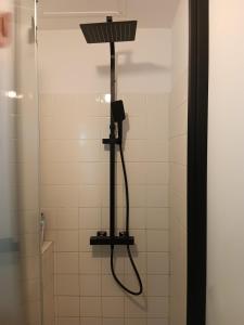 a shower with a shower head in a bathroom at Un nid cosy sous les toits in Cancale