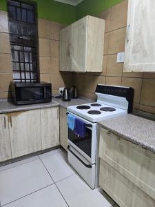 Kelmatic Guesthouse on 5th Ave في روديبورت: مطبخ مع موقد وميكروويف