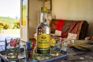 a bottle of wine sitting on a table with glasses at Gîtes les fleurs du bananier in Goyave