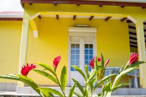 a yellow house with red flowers in front of it at Gîtes les fleurs du bananier in Goyave