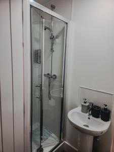 a bathroom with a shower and a sink at Oxford Central city apartment in Oxford