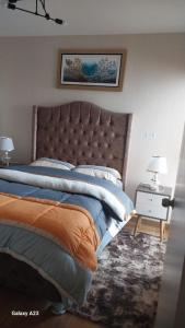 a bedroom with a large bed with a large headboard at Moderno departamento con vista panorámica cerca a los centros comerciales in Lima