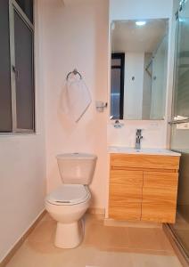 a bathroom with a toilet and a sink at Posada Pa'sumerce in Tibasosa