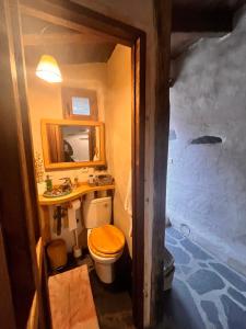 een badkamer met een toilet, een wastafel en een spiegel bij Patones Experience Room in Patones