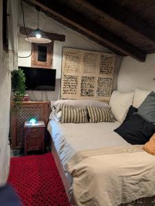 een slaapkamer met een bed, een tv en een tafel bij Patones Experience Room in Patones