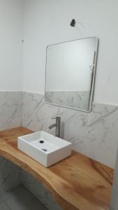 a bathroom with a white sink and a mirror at Macarena in La Falda +11 photos