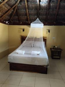 a bedroom with a bed with a mosquito net at Hotel Aldea Cruzo'ob in Felipe Carrillo Puerto