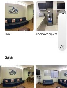 two pictures of a living room and a kitchen at La campiña in Lima