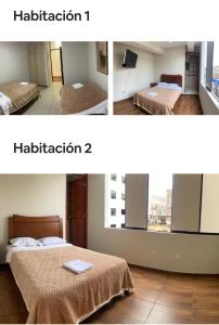 two pictures of a room with two beds and a window at La campiña in Lima