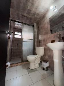 a bathroom with a shower and a toilet and a sink at hotel Dinastia in Tunja