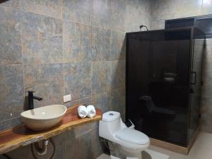 Tamara Monteverde View and Forest Chalet في مونتيفيردي كوستاريكا: حمام مع حوض ومرحاض ودش