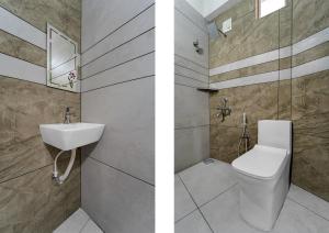 KazhakuttamHotel O Engineering College Sreekaryam Formerly B S Plaza的两张带有马桶和水槽的浴室的照片