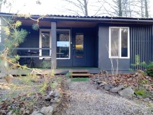 a small house with a blue door and windows at Scandinavia bungalow in Kamennaya Gora