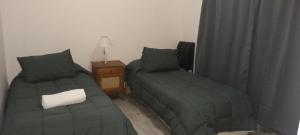 a bedroom with two green beds and a night stand at Namaste in Olavarría
