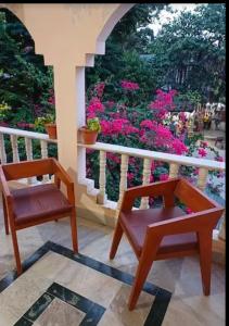 two chairs and a table on a balcony with pink flowers at Evergreen Homestay in Dwarka