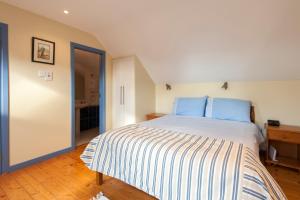 a bedroom with a large bed with blue pillows at Dunmanus Cottage West Cork in Durrus