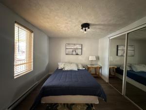 a bedroom with a blue bed and a window at Private Room Lakeview House- Westmount in Moncton