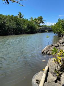 um rio com árvores e uma ponte ao fundo em SeaSide HomeStay and Airport Shuttles em Korotogo