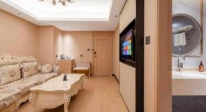 济南Vienna Hotel Shandong Jinan High-Tech Wanda Exhibition Center的客厅里有一张沙发和一台电视 更多189张照片