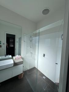 a bathroom with a glass shower and a sink at Inner city quiet cottage in Melbourne +13 photos