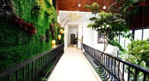a hallway of a building with a green wall at Green Oasis Hotel in Phường Sáu