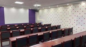 a lecture hall with chairs and a projection screen at GreenTree Inn Langfang GuanGYAng District GuanGYAng Road City Government Express Hotel in Nanjianta
