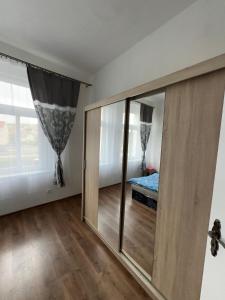 索科洛夫Penzion Sokolov的一间有镜子、床和窗户的房间