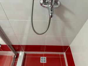 łazienkę z prysznicem wyłożoną czerwonymi i białymi kafelkami. w obiekcie Penzion Sokolov w mieście Sokolov +5 zdjęć
