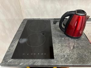 索科洛夫Penzion Sokolov的柜台上放着一个黑色和红色的咖啡杯