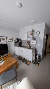 een keuken met witte kasten en een aanrechtblad bij Studio-Apartment Goslar in Wolfenbüttel