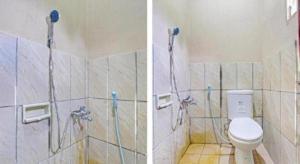 two pictures of a bathroom with a toilet at OYO 91353 Hotel Surya Andesa in Jetis