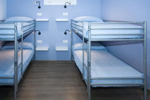 two bunk beds in a room with blue walls at Albergue Linares in Santiago de Compostela