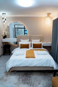 um quarto com uma cama grande com um espelho grande em Nexovant Furnished Apartments em Maun mais 125 fotografias