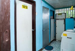 Del CarmenMangrove Breeze Country Inn by RedDoorz的一间带卫生间和蓝色墙壁的浴室 更多16张照片