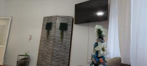 ein Zimmer mit einem Kamin und einem Fernseher an der Wand in der Unterkunft Ánizs Apartmanház in Makó + 9 Fotos