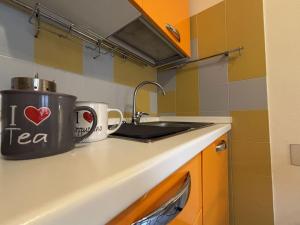 Bright apartment with pool near the sea في روزابينيتا: مطبخ مع حوض وقدر على المنضدة