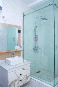 AbeokutaにあるAbiis Hotel & Suitesのバスルーム(ガラス張りのシャワー、シンク付)