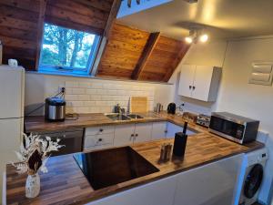 a kitchen with a counter with a sink and a refrigerator at Aurora A-Frame Twizel in Twizel +21 photos