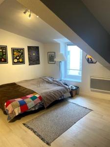 a bedroom with a bed and a window and a rug at Studio cosy sous les toits en plein centre-ville in Clermont-Ferrand