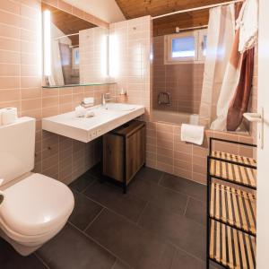 um banheiro com um vaso sanitário branco e uma pia em Surfers Lodge near Interlaken, at lake with pool em Därligen