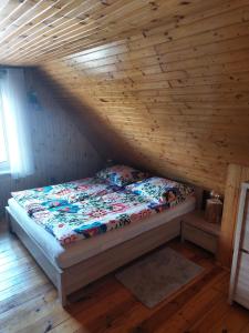 Borowy LasBorowy Las wita Was的房间里有一张床，天花板是木质的。 更多26张照片