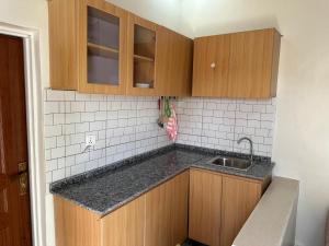 Una pequeña cocina con gabinetes de madera y un fregadero. en Kigali Delight Villas, en Kigali