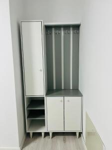 米特罗维察City View Apartment的客房内的白色衣柜,设有玻璃门