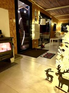 ein Wohnzimmer mit einem TV und einem Weihnachtsbaum in der Unterkunft Relax Container in Aguiar da Beira