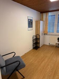 salon z krzesłem i lodówką w obiekcie Danner Appartements Regau - Möblierte Langzeit- & Monteurapartments nahe Gmunden, Laakirchen, Salzburg & Wels I Vollmöbliert & mit Parkplatz w mieście Rutzenmoos