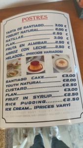 a picture of a menu for a restaurant at La pallota de san cristobal in Camino
