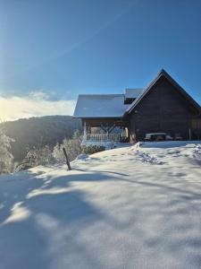 a house with snow on the ground in front of it at Kuca Breg in Slapnica