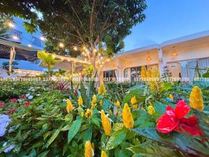 um jardim com flores em frente a um edifício em Sea House Hotels and Apartments em Vung Tau
